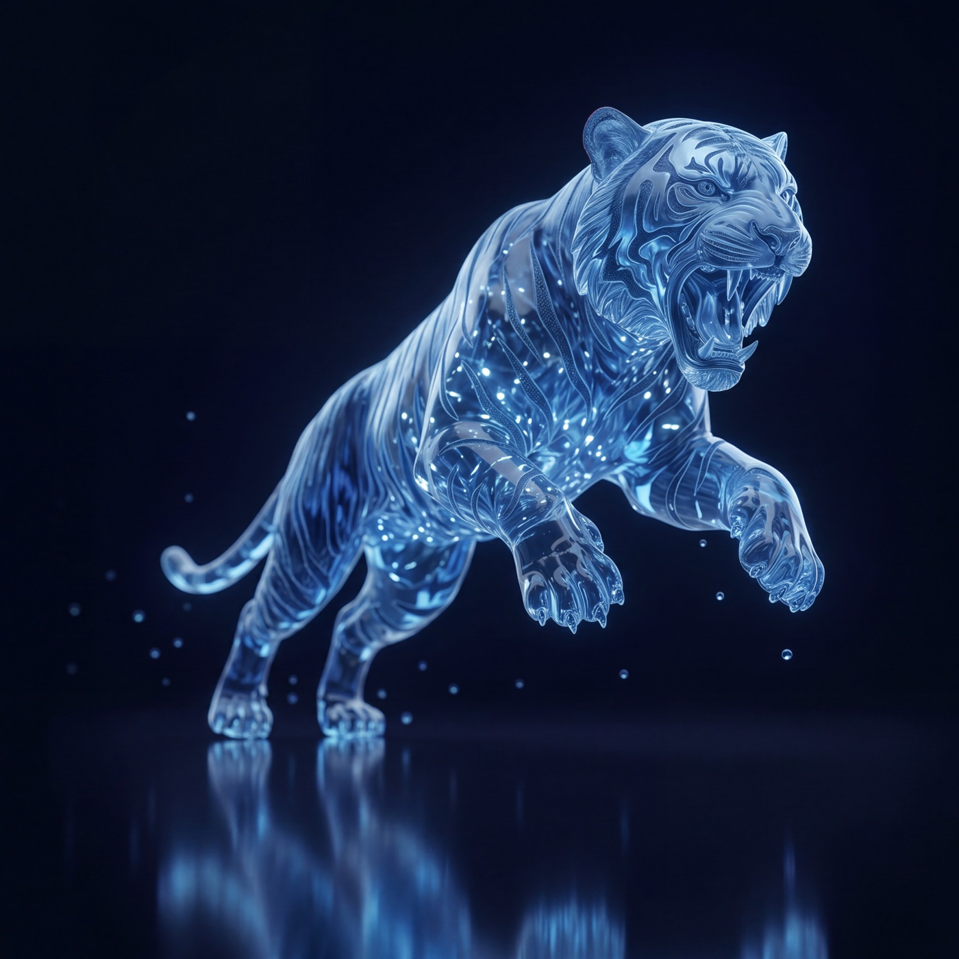 A leaping tiger made of blue glass, BlueTigre's emblem